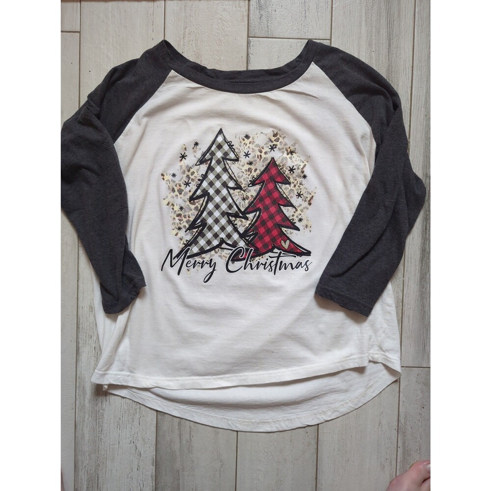White Christmas Tree T-Shirt Women Size XL raglan baseball style buffalo plaid